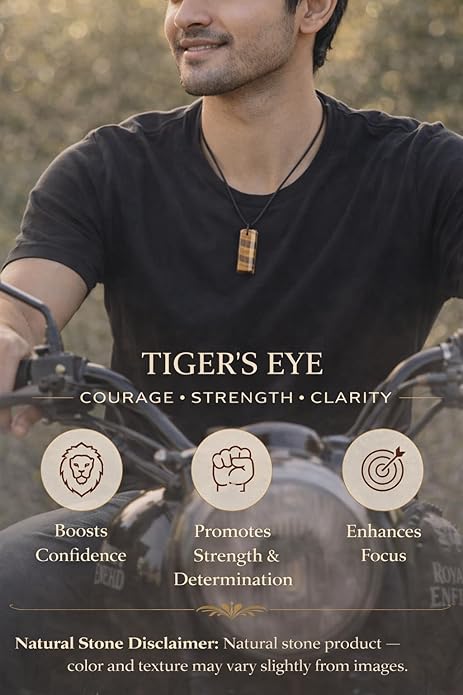 Rectangle Tiger’s Eye Crystal Necklace for Men – Adjustable Black Cord