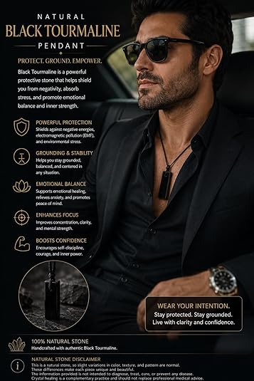 Black Tourmaline Rectangle Crystal Necklace for Men – Adjustable Black Cord