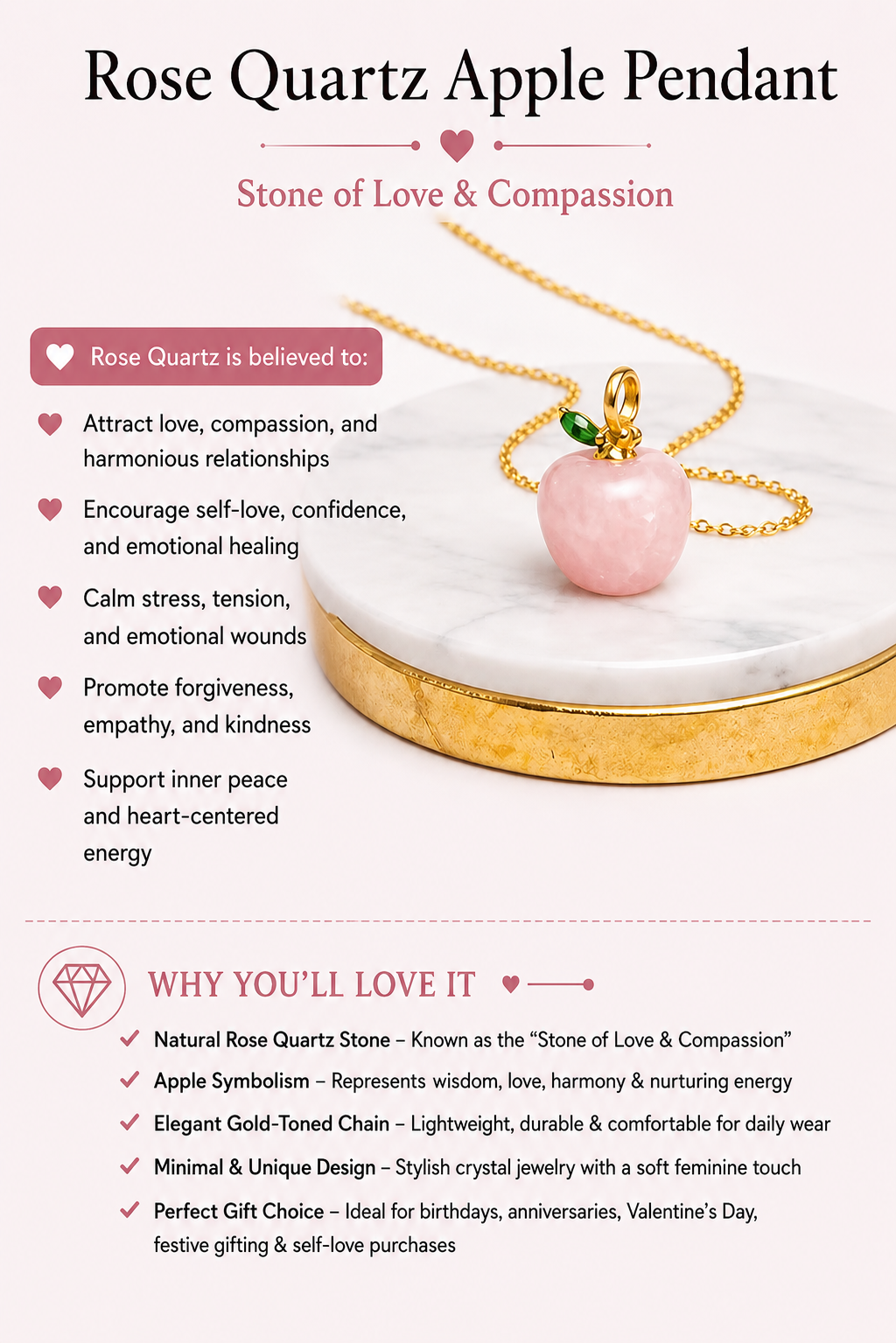 Rose Quartz Apple Pendant with Gold Chain
