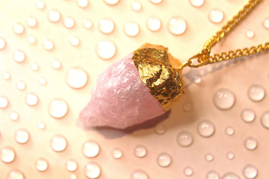 Rose Quarts Raw Stone Pendant - Gold