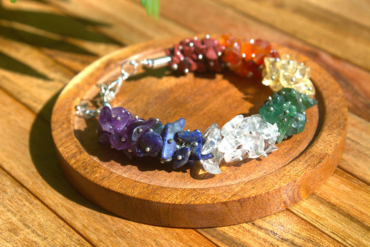 Woman's 7 Chakra Chip Bracelet with Free Selenite Tumble