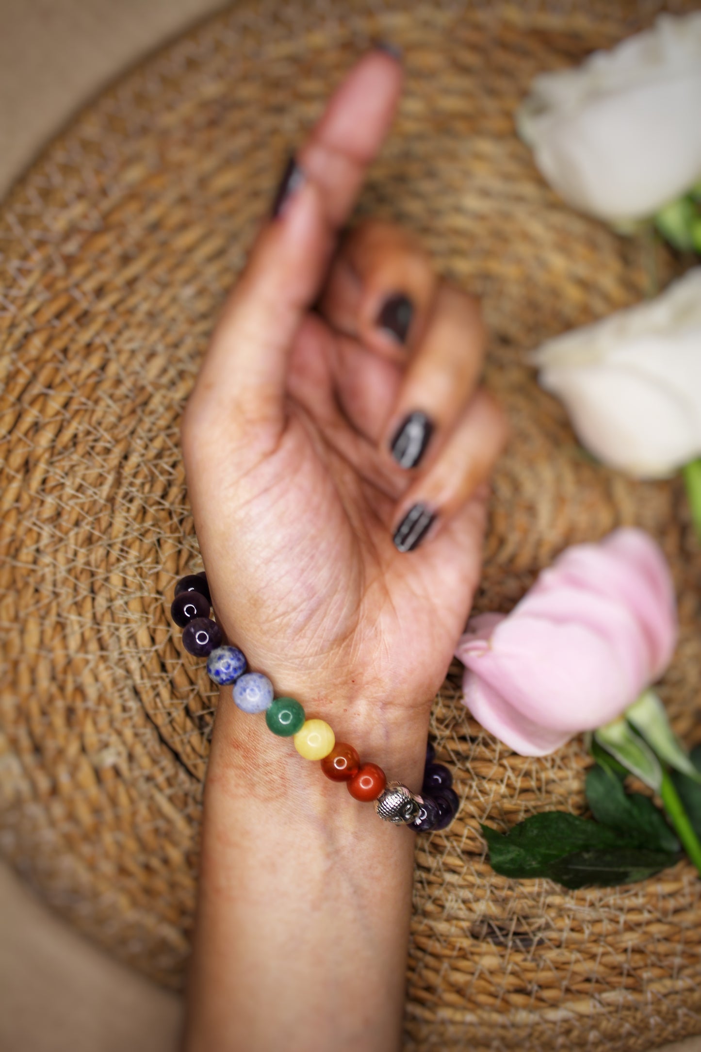 7 Chakra & Amethyst Bracelet with free Selenite Tumble