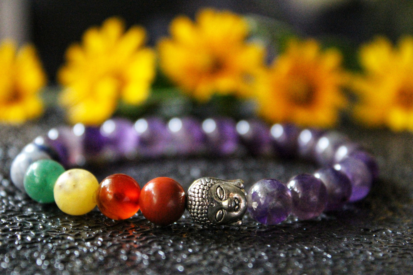 7 Chakra & Amethyst Bracelet with free Selenite Tumble