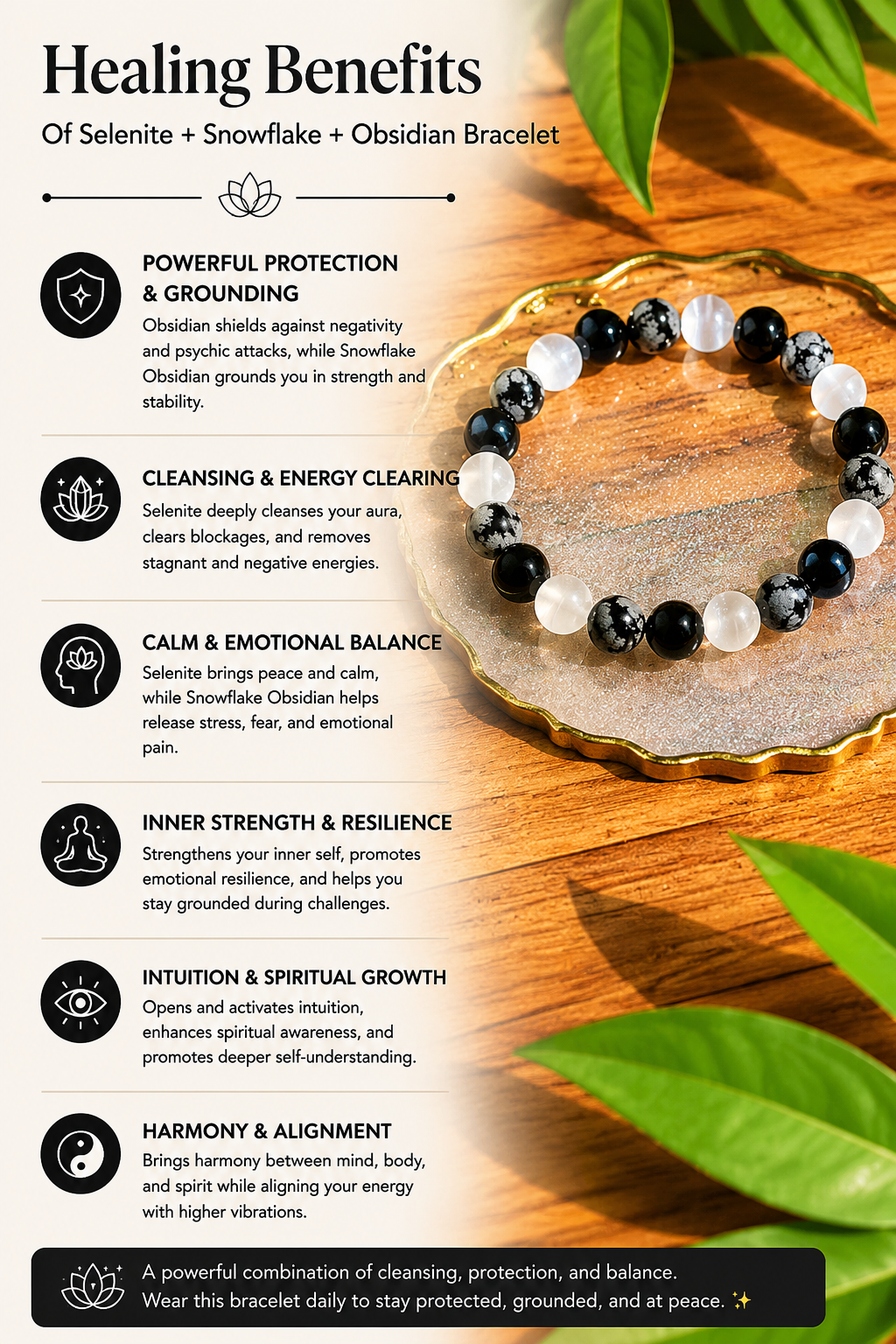 Selenite +Snowflakes +Obsidian - Triple Protection Bracelet with Free Selenite Tumble