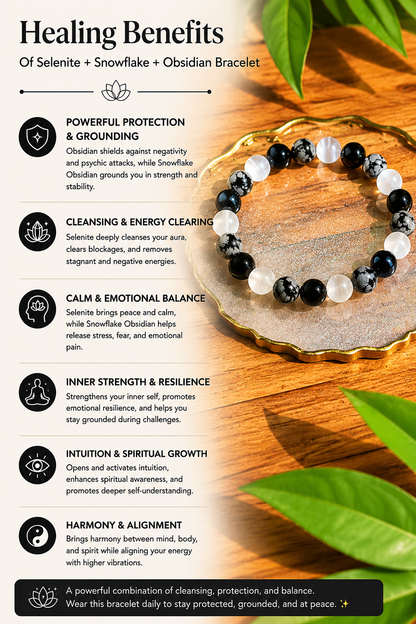 Selenite +Snowflakes +Obsidian - Triple Protection Bracelet with Free Selenite Tumble
