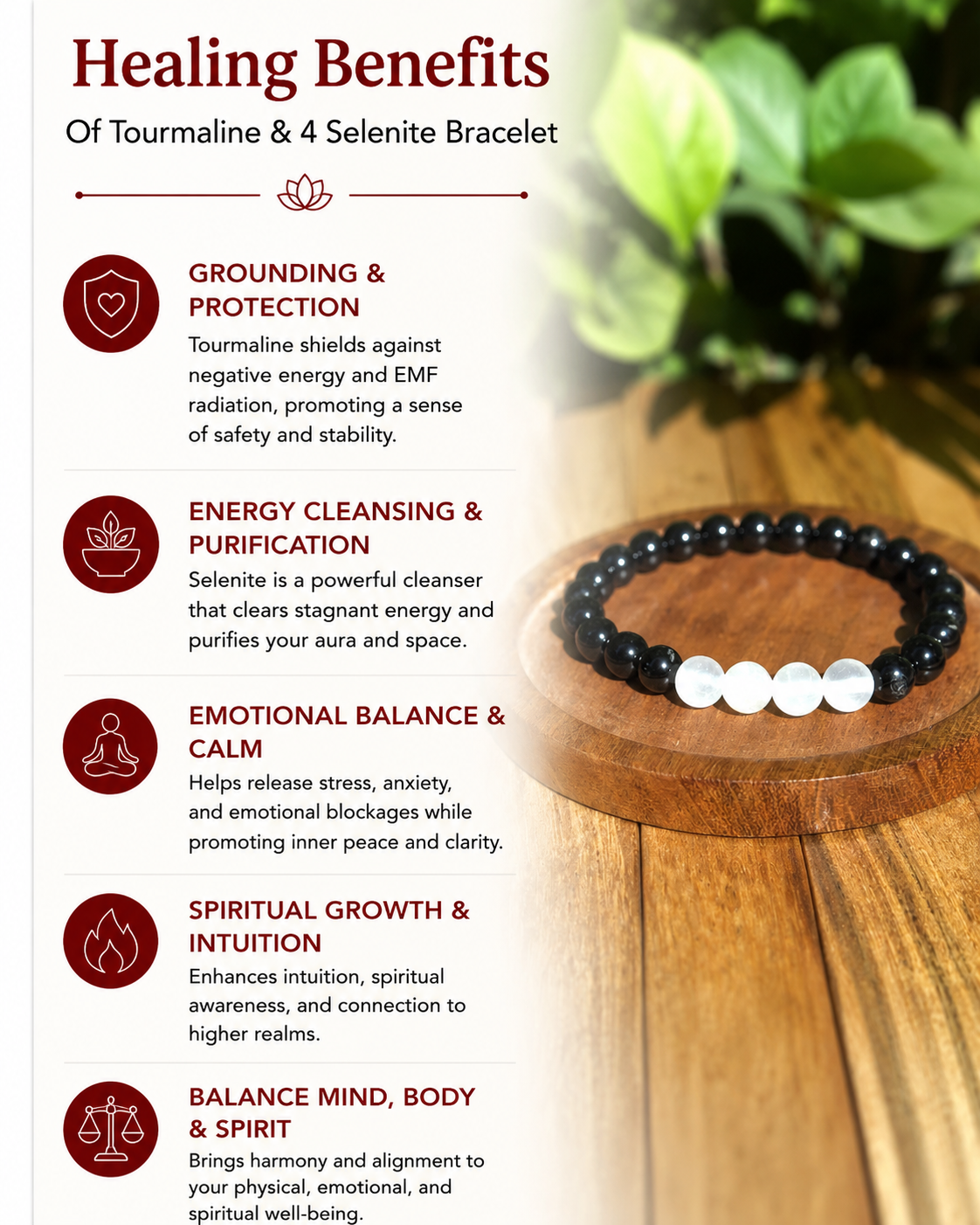 Tourmaline & 4 Selenite  Bracelet with Free Selenite Tumble - Aura Shield Bracelet