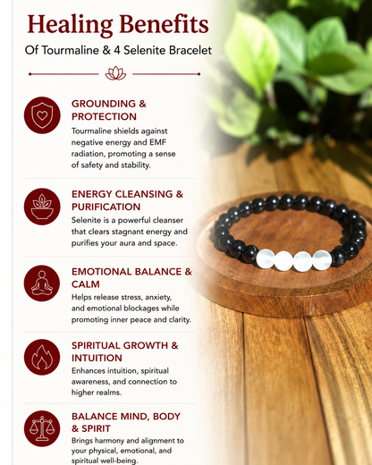 Tourmaline & 4 Selenite  Bracelet with Free Selenite Tumble - Aura Shield Bracelet