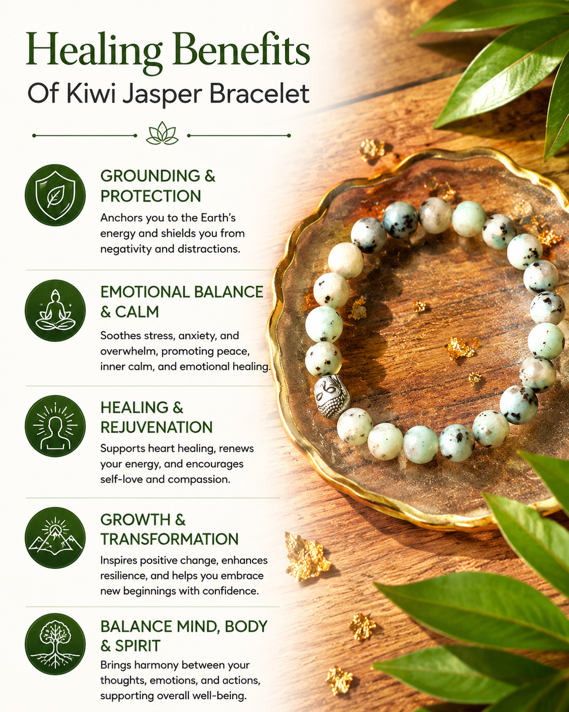 Kiwi Jasper Bracelet with Free Selenite Tumble