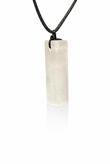 Rectangle Selenite Crystal Necklace for Men – Adjustable Black Cord