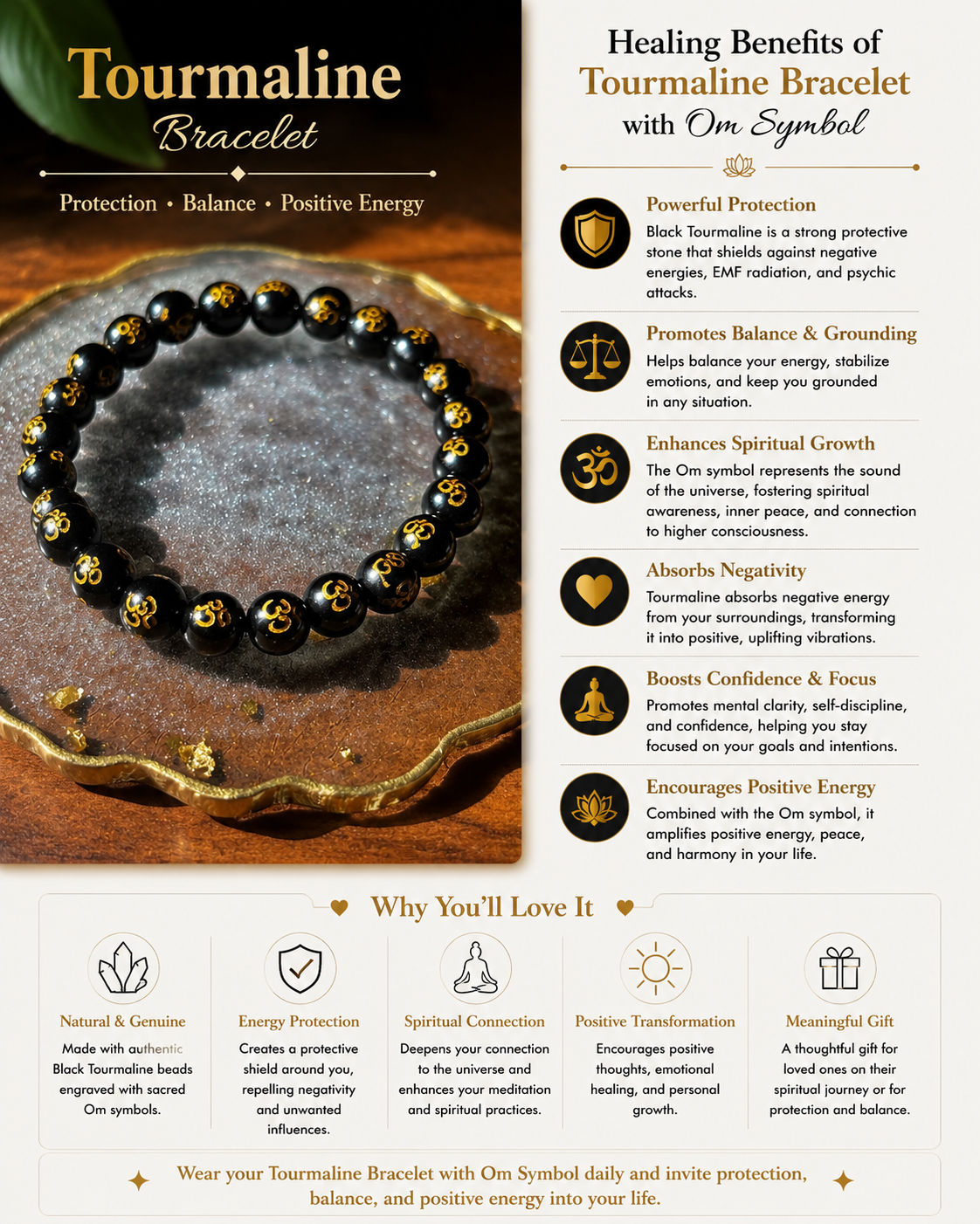 Black Tourmaline with Om Bracelet with free Selenite Tumble