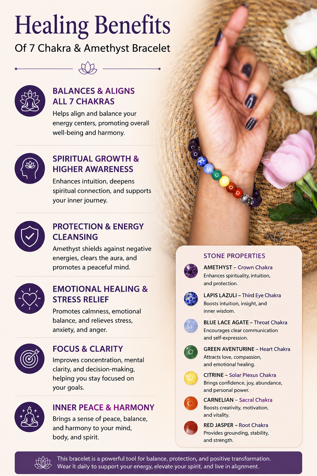 7 Chakra & Amethyst Bracelet with free Selenite Tumble