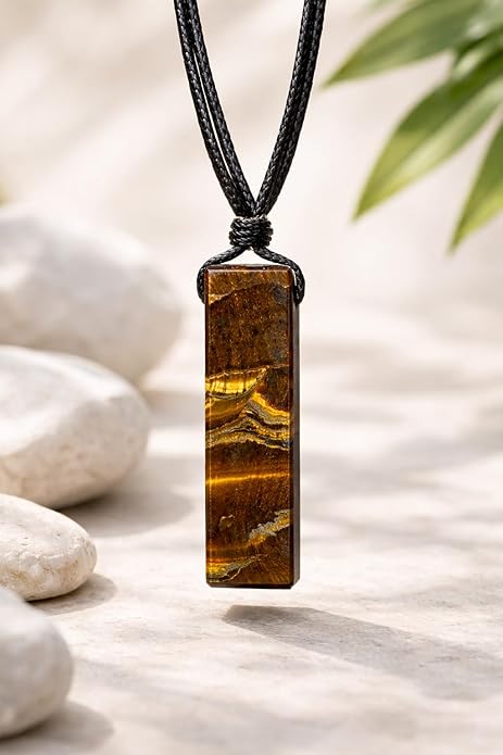 Rectangle Tiger’s Eye Crystal Necklace for Men – Adjustable Black Cord