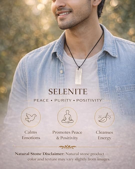 Rectangle Selenite Crystal Necklace for Men – Adjustable Black Cord