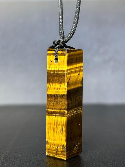 Rectangle Tiger’s Eye Crystal Necklace for Men – Adjustable Black Cord