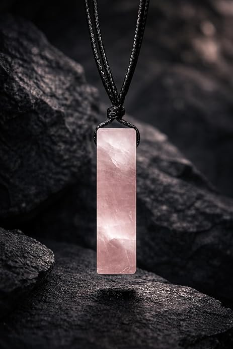 Rectangle Rose Quartz Crystal Necklace for Men – Adjustable Black Cord