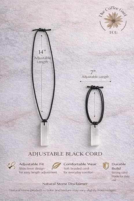 Rectangle Selenite Crystal Necklace for Men – Adjustable Black Cord