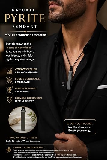 Pyrite Rectangle Crystal Necklace for Men – Adjustable Black Cord