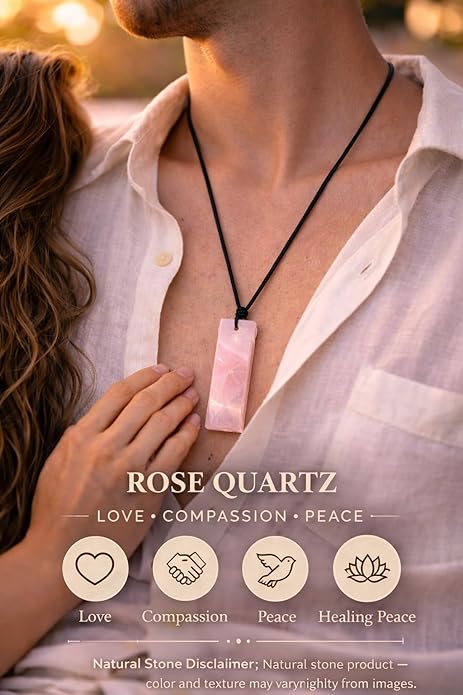Rectangle Rose Quartz Crystal Necklace for Men – Adjustable Black Cord
