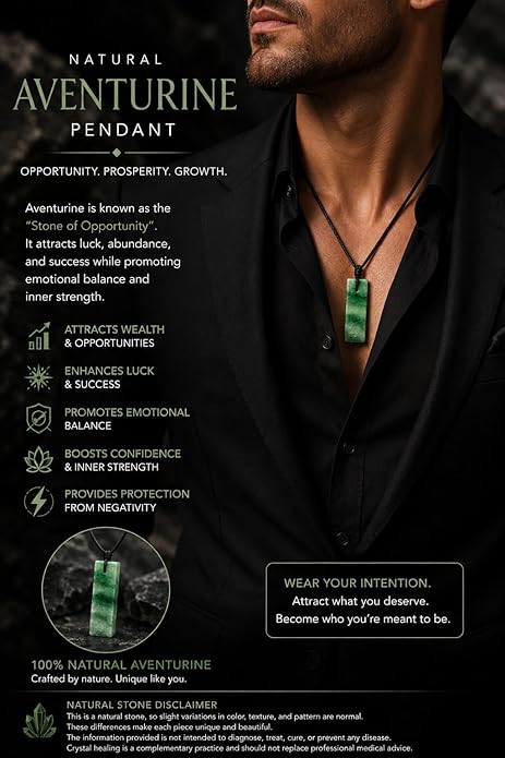 Green Aventurine Rectangle Crystal Necklace for Men – Adjustable Black Cord