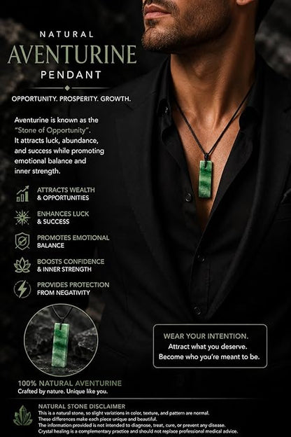 Green Aventurine Rectangle Crystal Necklace for Men – Adjustable Black Cord