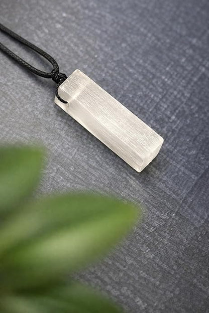 Rectangle Selenite Crystal Necklace for Men – Adjustable Black Cord