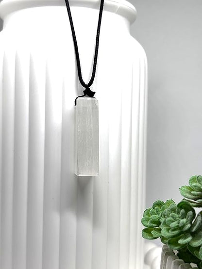 Rectangle Selenite Crystal Necklace for Men – Adjustable Black Cord