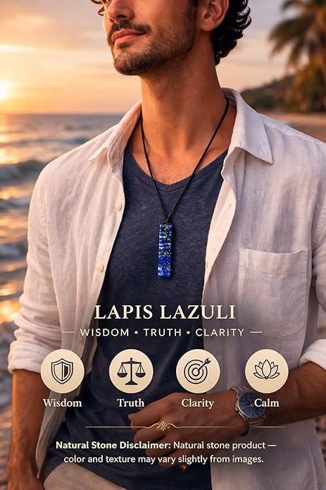 Rectangle Lapis Lazuli Crystal Necklace for Men – Adjustable Black Cord