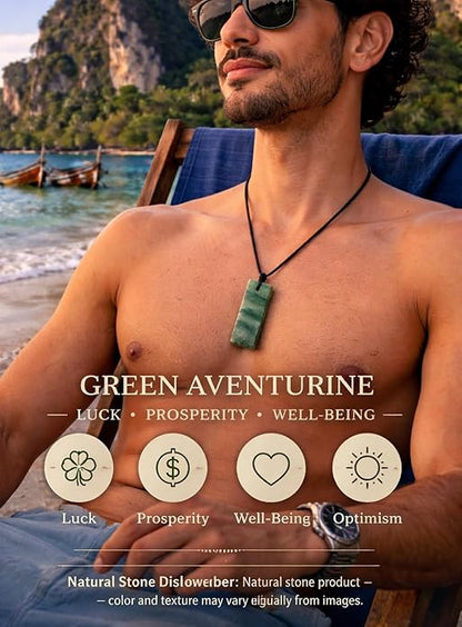 Green Aventurine Rectangle Crystal Necklace for Men – Adjustable Black Cord