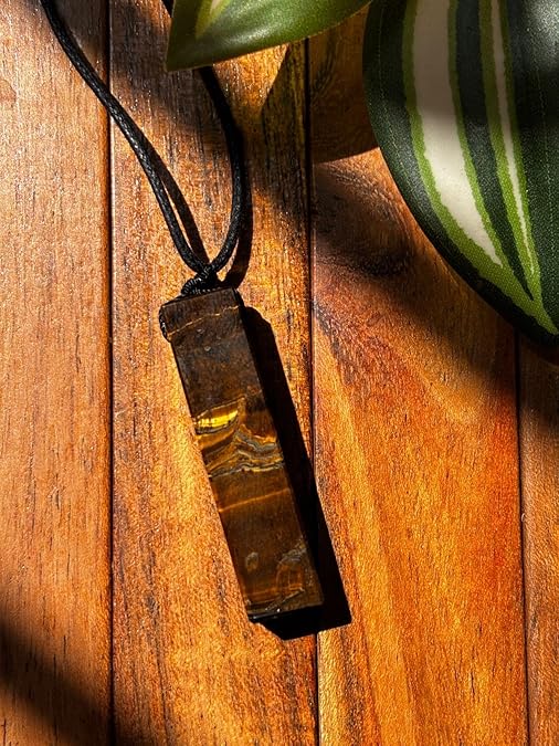 Rectangle Tiger’s Eye Crystal Necklace for Men – Adjustable Black Cord