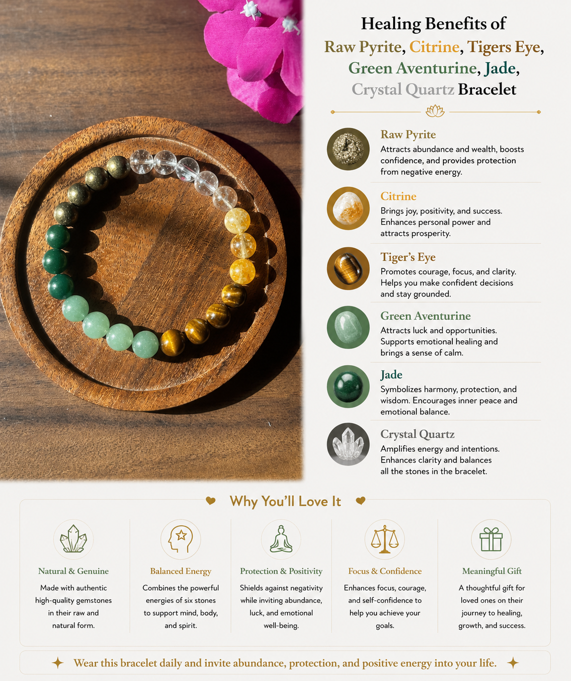 Raw Pyrite, Citrine, Tigers Eye, Green Aventurine,Jade, Crystal Quartz Bracelet with free Selenite Tumble