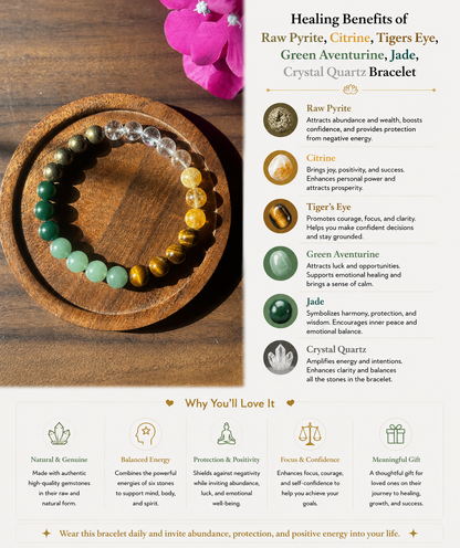 Raw Pyrite, Citrine, Tigers Eye, Green Aventurine,Jade, Crystal Quartz Bracelet with free Selenite Tumble