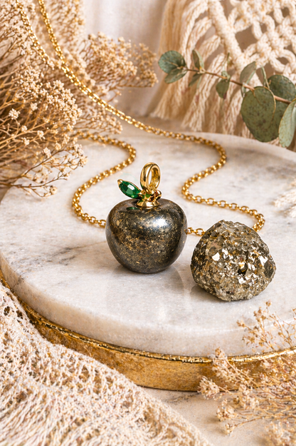 Pyrite Apple Pendant with Gold Chain