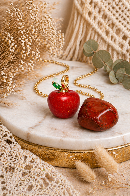 Red Jasper Apple Pendant with Gold Chain