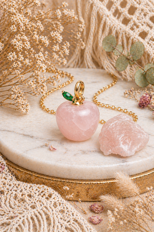 Rose Quartz Apple Pendant with Gold Chain
