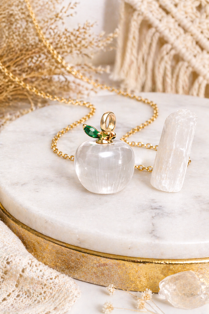 Selenite Apple Pendant with Gold Chain