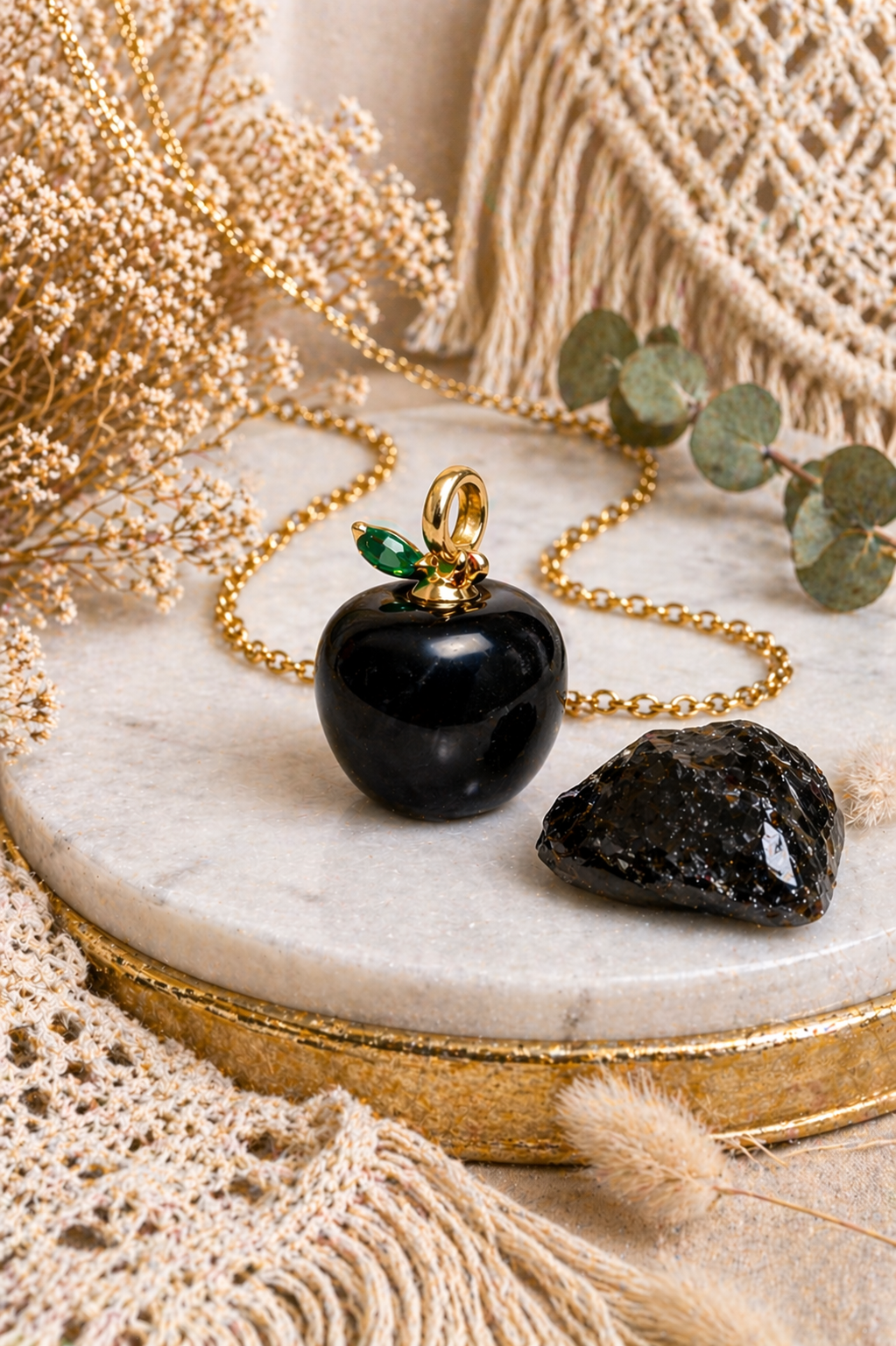 Black Obsidian Apple Pendant with Gold Chain