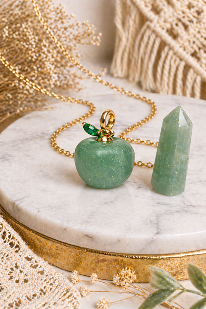 Green Aventurine Apple Pendant with Gold Chain
