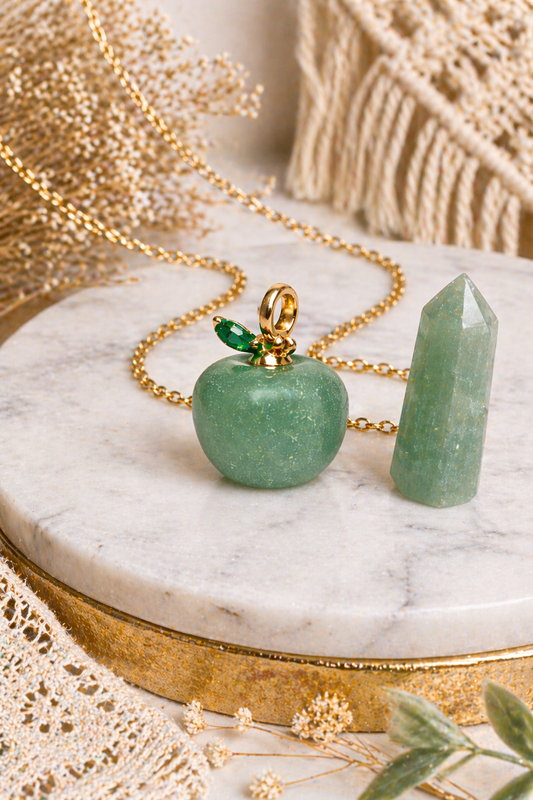 Green Aventurine Apple Pendant with Gold Chain
