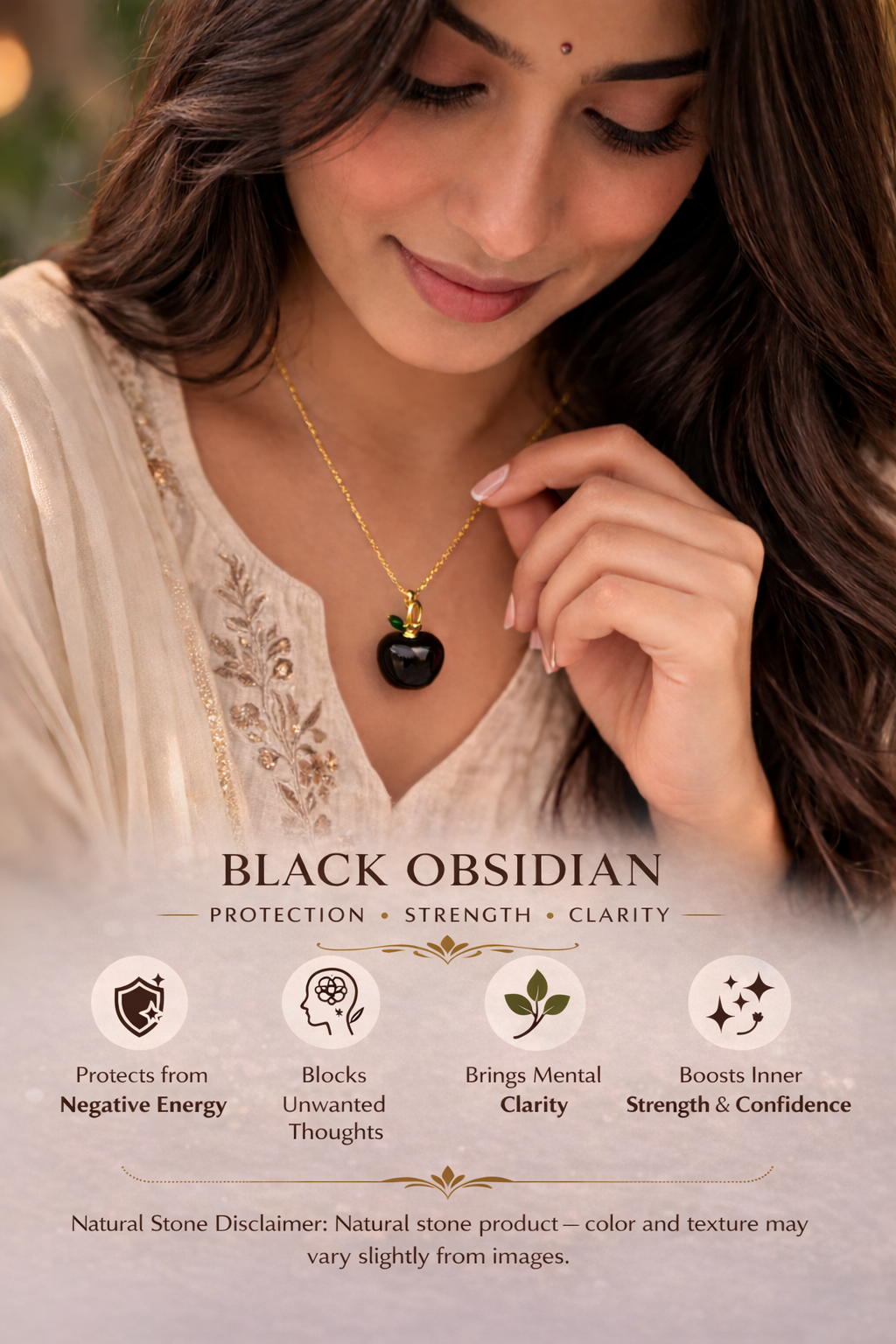 Black Obsidian Apple Pendant with Gold Chain