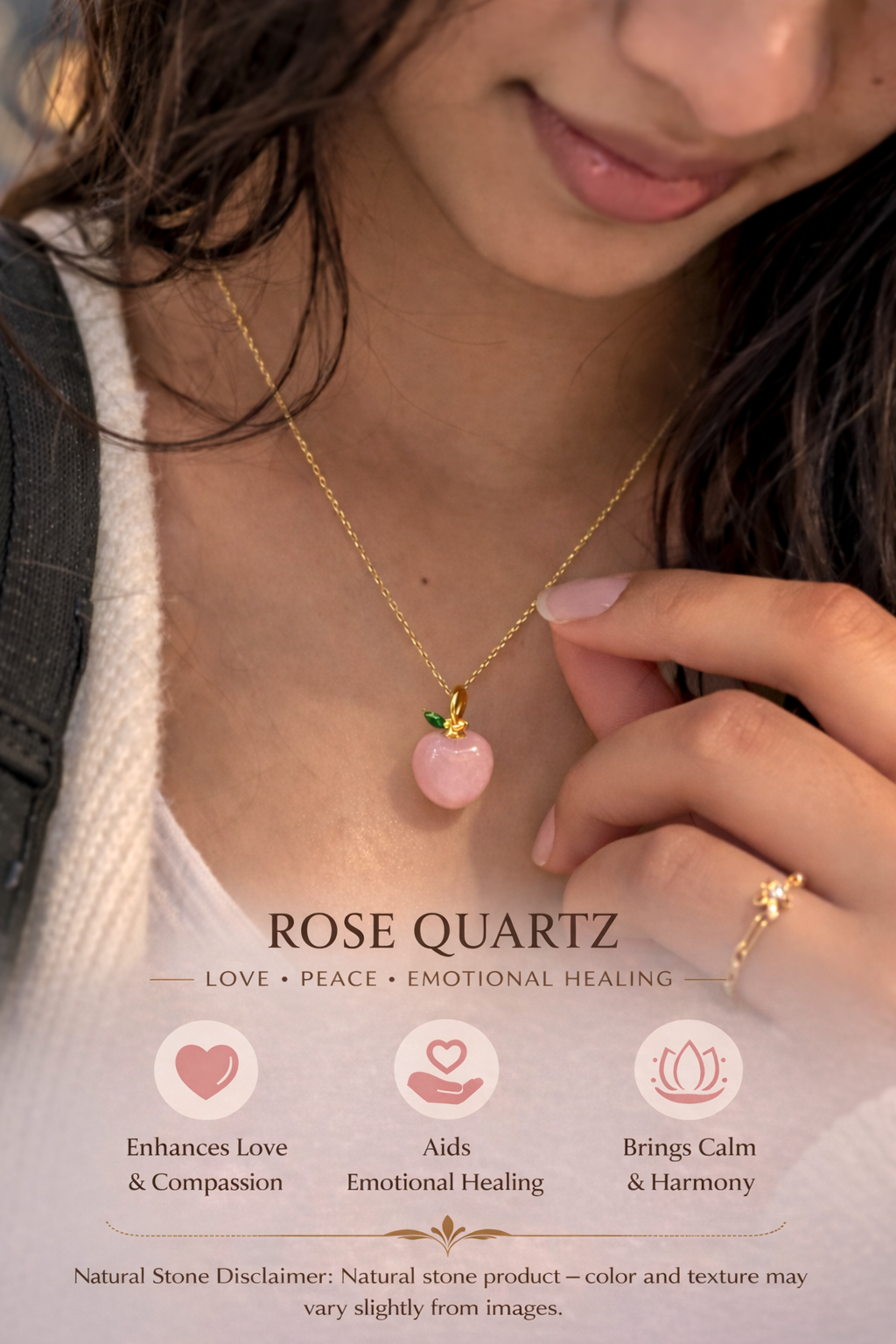 Rose Quartz Apple Pendant with Gold Chain