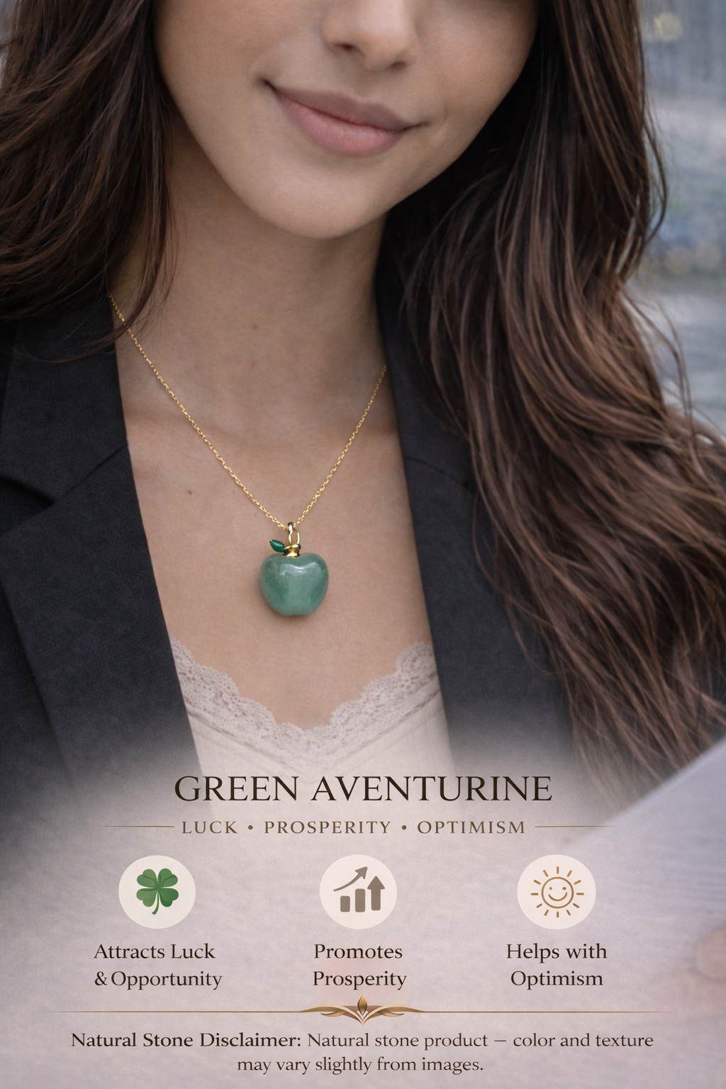Green Aventurine Apple Pendant with Gold Chain