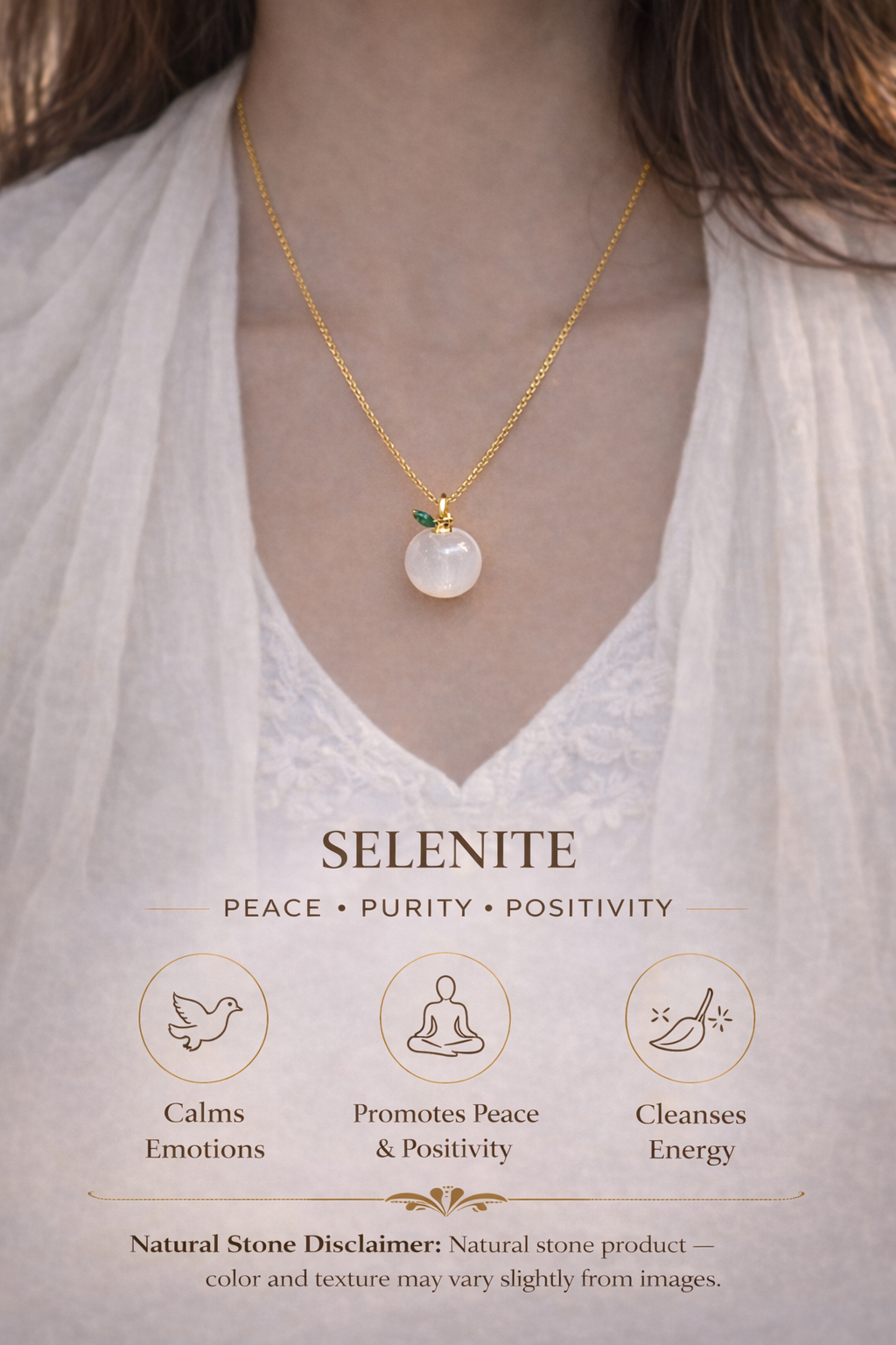 Selenite Apple Pendant with Gold Chain