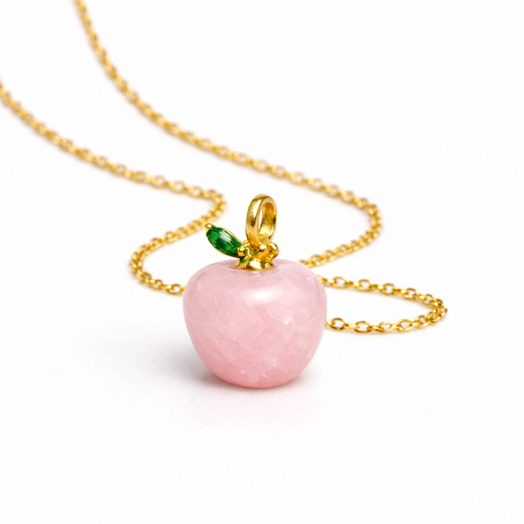 Rose Quartz Apple Pendant with Gold Chain