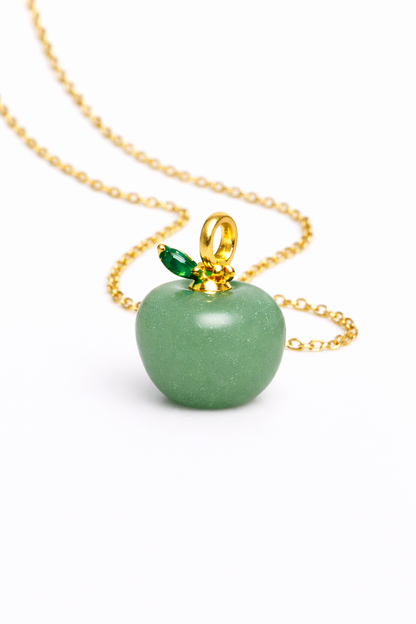 Green Aventurine Apple Pendant with Gold Chain