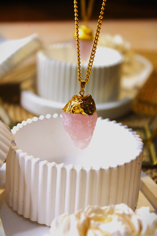 Rose Quarts Raw Stone Pendant - Gold