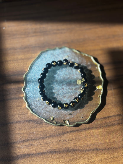 Black Tourmaline with Om Bracelet with free Selenite Tumble