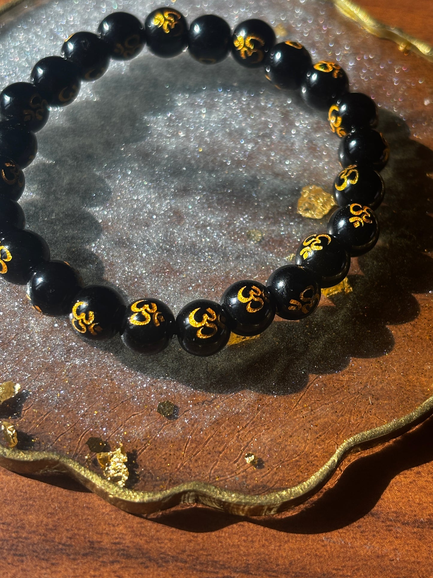 Black Tourmaline with Om Bracelet with free Selenite Tumble