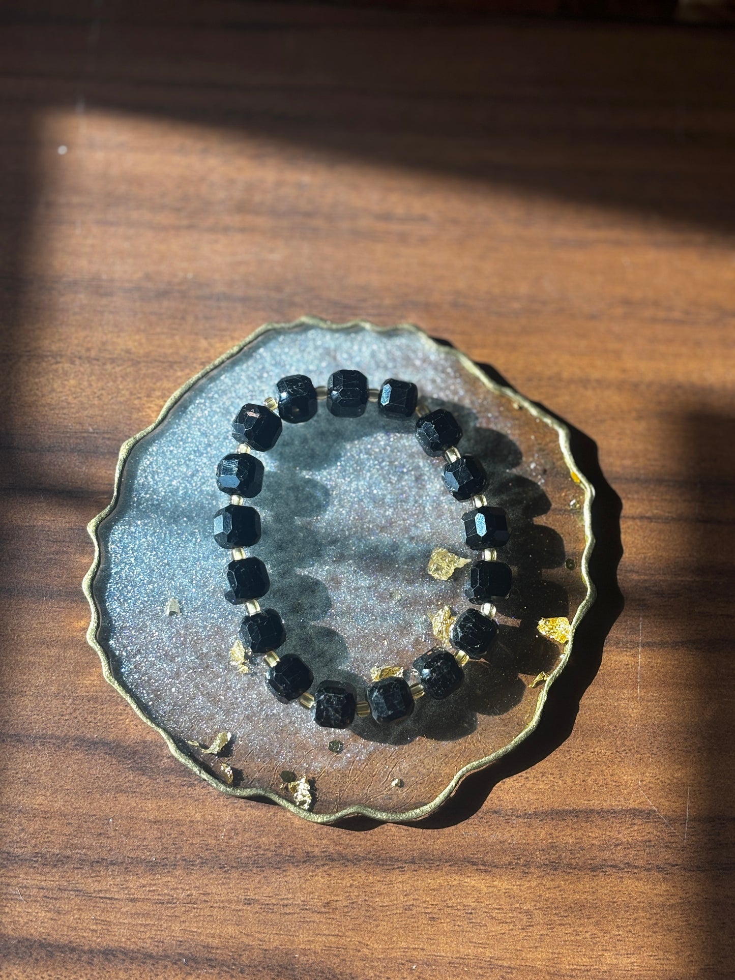 Mens Tourmaline Square Bracelet with free Selenite Tumble