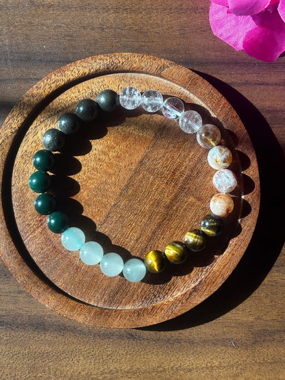Raw Pyrite, Citrine, Tigers Eye, Green Aventurine,Jade, Crystal Quartz Bracelet with free Selenite Tumble