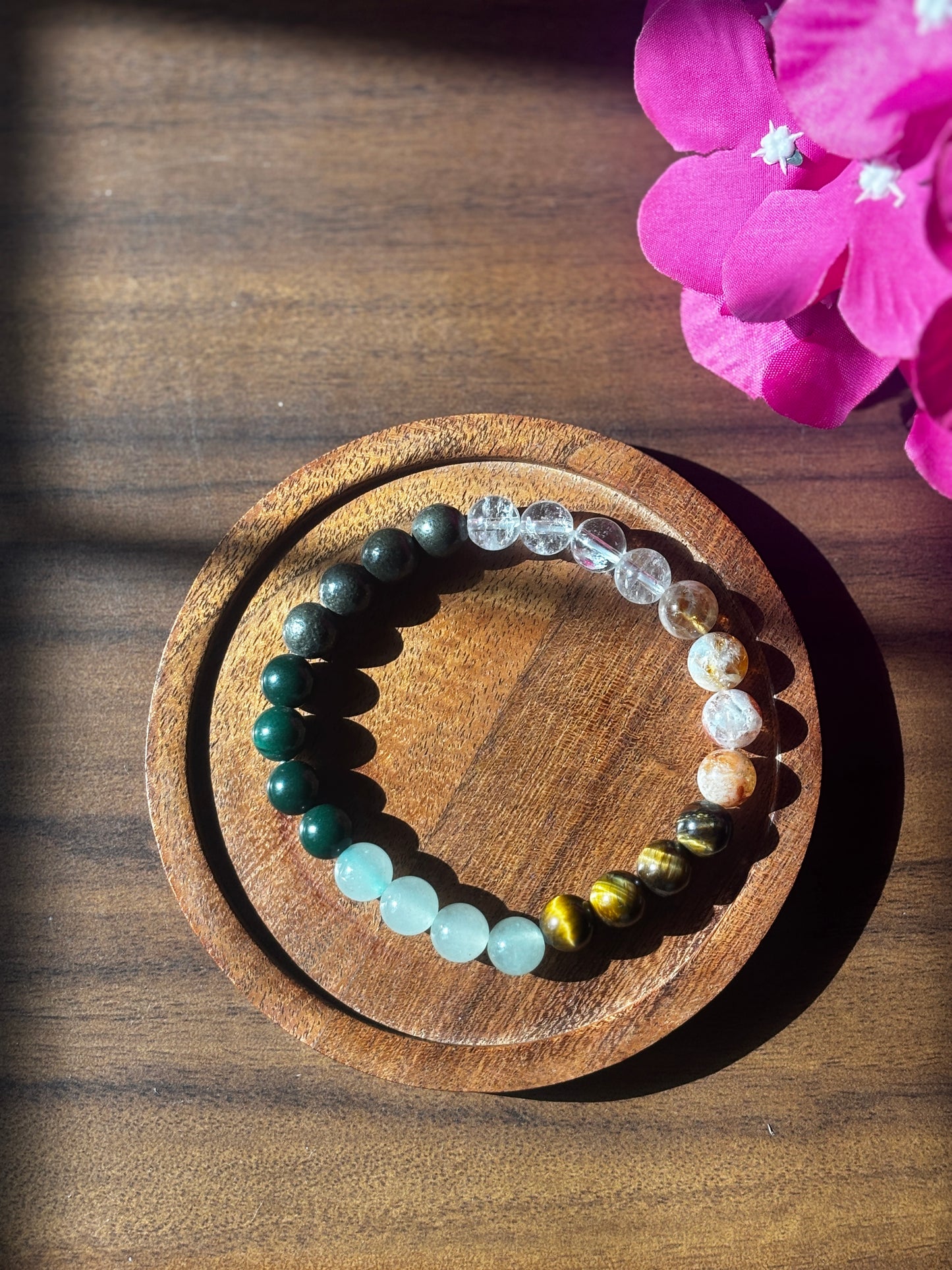 Raw Pyrite, Citrine, Tigers Eye, Green Aventurine,Jade, Crystal Quartz Bracelet with free Selenite Tumble